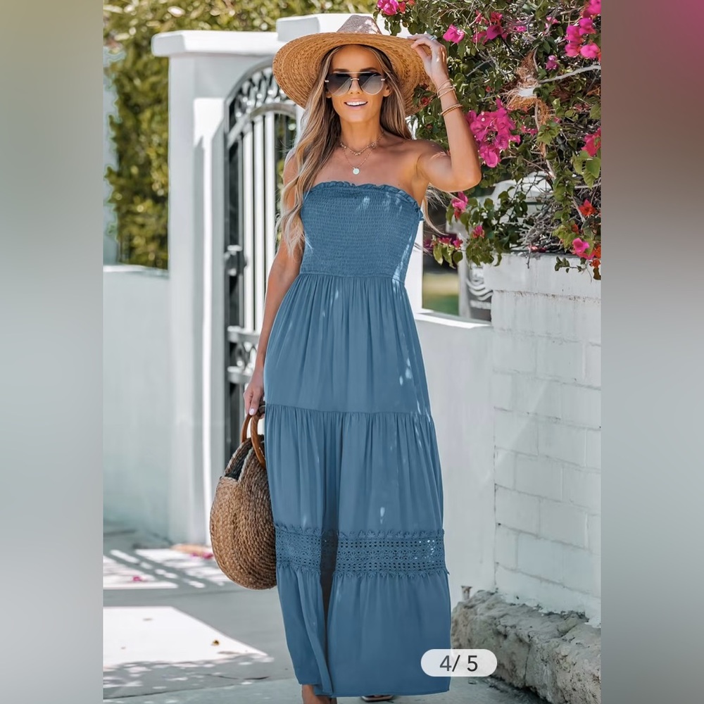 Cupshe,Smocked Bodice Strapless Maxi Dress, blue, Size XS